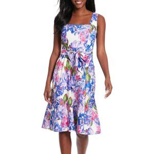 NWT London Times Carmella Ivory And Lilac Floral Linen Dress